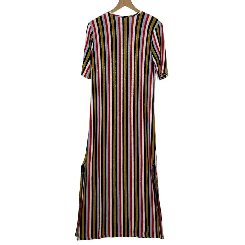 Zara Collection Midi Dress Womens Large Multicolor Metallic Striped Short Sleeve
